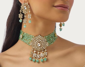 Mint Kundan Choker Necklace Indian Bridal Jewelry, Sabyasachi-Inspired