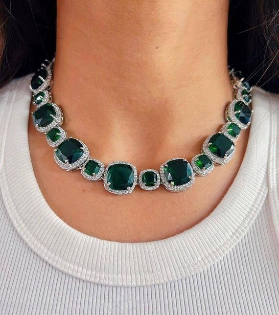 Indian Silver Plated Bollywood AD CZ Emerald Necklace Earrings Jewelry Set