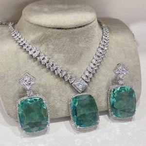White Gold Plated Ligh Green Mint Yellow Diamond Necklace With Statement Earrings/Cz Faux Diamond Necklace/Pakistani Jewelry Set/Designer Cz