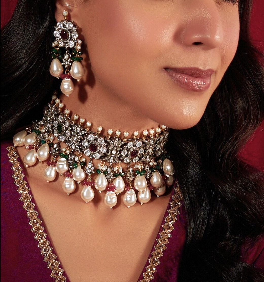 アクセサリー Indian Jewelry Victorian Multicolored Pearl Cz Antique Kundan Choker With