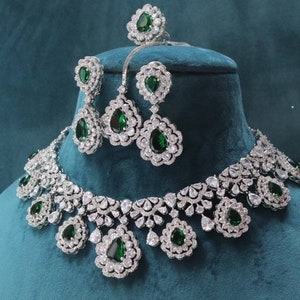 5 Piece High Quality Silver tone Lab Emerald Cubic Zirconium Necklace Set With Ring And Maangtikka/Sabyasachi Inspired Jewelry Set/American
