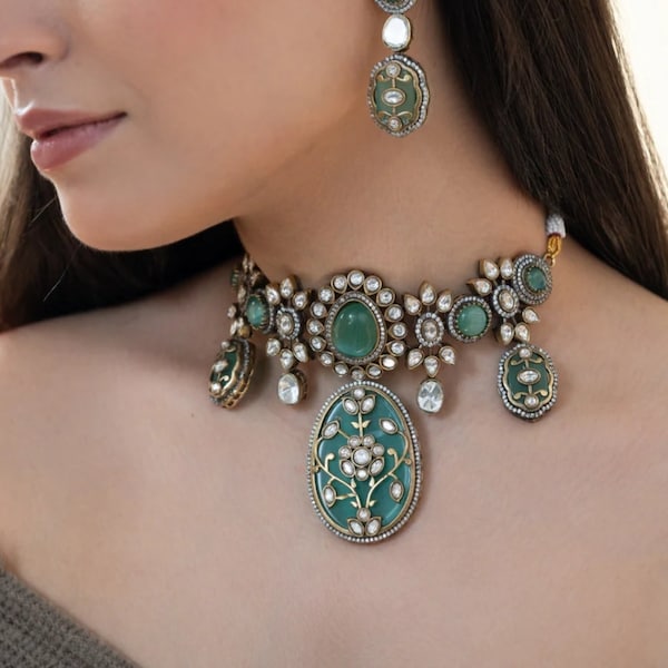 Mint Light blue Victorian  Sabhyasachi Choker Indian Jewelry Sabyasachi Jewelry Emerald Indian Choker Indian Necklace Bollywood