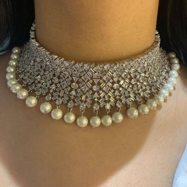 Silver Diamond Pearl Choker and Earrings/Indian jewelry/Indian Choker/Pakistani jewelry/ Bollywood jewelry/Pakistani Necklace/Punjabi Set/