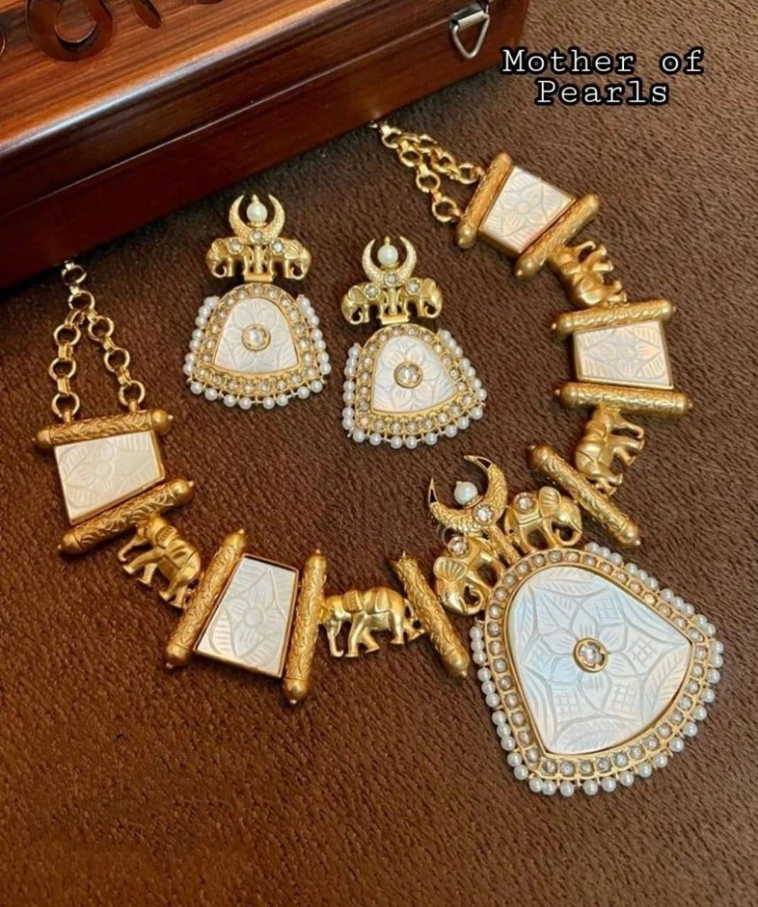 Amrapali Inspired Matte Dull Gold Carved Mother of Pearl Necklace