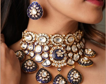 Inspiré par Sabyasachi, la meilleure qualité de collier de mariée bleu saphir Meenakari non coupé, grande taille, polki kundan, avec boucles d'oreilles, ensemble pakistanais