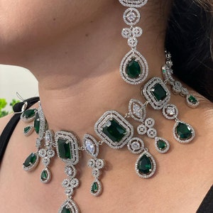 White Tone Emerald  Green Princess Teardrop Pendant Necklace And Earrings Set/Emerald Cz Choker Set/Sabyasachi Jewelry Set/Lab Emerald Set/