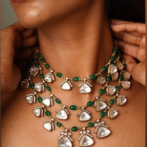 Fine Sabyasachi Inspired Long Antique Gold Victorian Three Layered Uncut Faux Polki Kundan Necklace With Statement Stud Earrings Unique Set