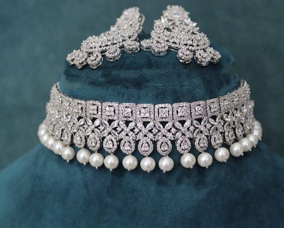 Silver Tone Pearl Diamond Choker Necklace With Statement Chandbali