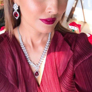Ruby Red Cubic Zirconium Necklace Set/Indian Cz Diamond Necklace/American Diamond Necklace/Red Diamond Necklace/Wedding Diamond Set/Punjabi