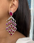 Two Tone Gold Silver Ruby Pink Diamond Chandbali Earrings/Statement Diamond Chandelier Earrings/Long Ruby AD Earrings/Engagement Earrings/