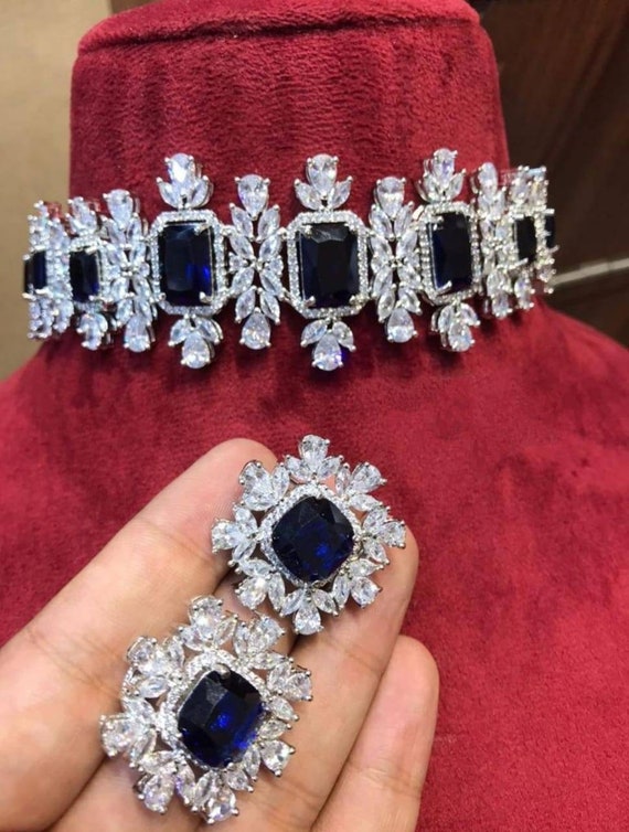 White Tone Lab Royal Blue Sapphire Diamond Choker Necklace Set 