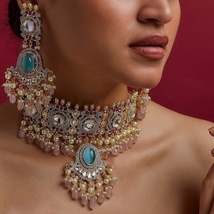 Premium Tyaani Inspired Bridal Uncut Faux Polki Kundan Light Pink Blue Mint Pearl Choker Necklace With Long Chandbali Earrings Pakistani Set