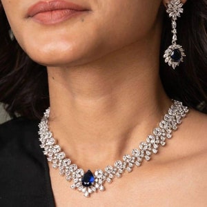 Collier saphir bleu et zircone cubique/Collier indien/Bijoux indiens/Collier diamant américain/Collier de mariage/Collier diamant/Ensemble bleu/