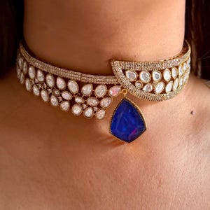 Polki Necklace Blue Kundan Choker Indian Pearl Kundan Necklace Sabyasachi Jewelry Moissanite Polki Victorian Diamond Choker Statement Choker