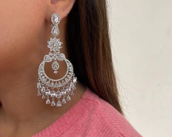 Longues boucles d'oreilles luxueuses longues en zircone cubique avec diamants pour la mariée/Chandbalis/Chaandbalis/boucles d'oreilles diamant indiennes/Boucles d'oreilles en cristal/Américain/Cz/