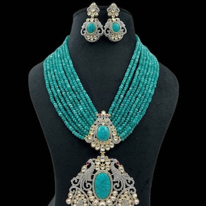 Turquoise Blue Sapphire Peacock Design Long Kundan Diamond Necklace With Earrings/Sabyasachi Necklace/Indian Jewelry/Punjabi Jewelry Set/