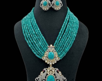 Kundan Diamond Turquoise Peacock Necklace & Earrings, Indian Jewelry Set