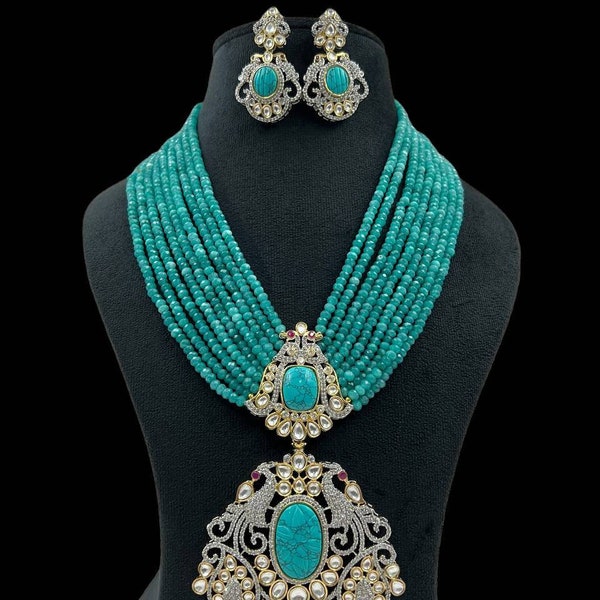 Turquoise Blue Sapphire Peacock Design Long Kundan Diamond Necklace With Earrings/Sabyasachi Necklace/Indian Jewelry/Punjabi Jewelry Set/