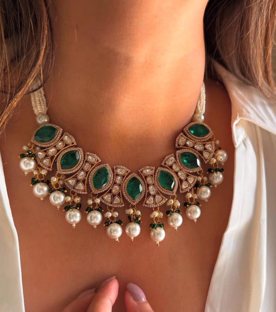 Indian Jewelry Choker Necklace Emerald Green Tyaani Kundan Sabyasachi Statement Set Indian Wedding Sangeet Jewelry Uncut Kundan Set Bolly