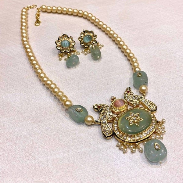 Mint Pink Pearl Kundan Long Necklace With Stud Earrings/Indian Long Necklace/Sabyasachi Jewelry Set/Pakistani Jewelry/Statement Jewelry Set/