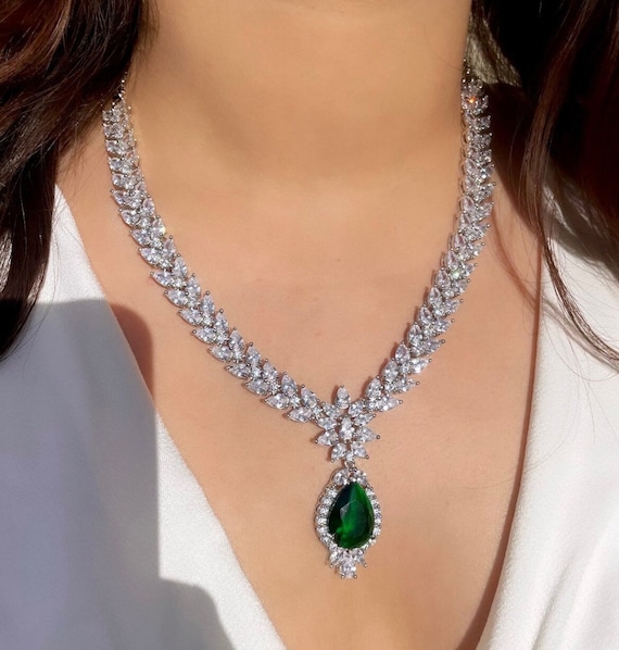White Tone Emerald Green Cubic Zirconia Necklace Set green Crystal Necklace Set statement Jewelry sabyasachi Jewelry faux Diamond Set ooak Etsy