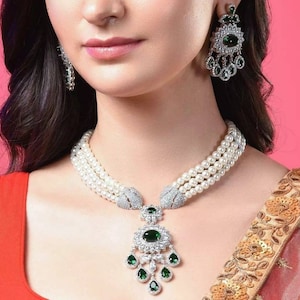 Ensemble collier diamant perle longue rubis bleu marine vert émeraude Cz/bijoux indiens/bijoux pakistanais/collier long de perles/collier diamants/OOAK