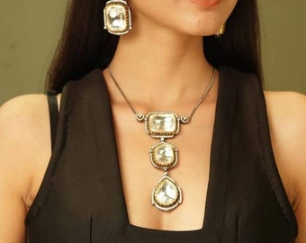 Victorian Moissanite Polki Necklace Set, Statement Earrings
