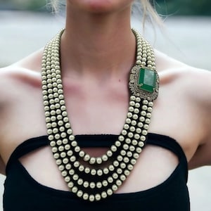Fine Long Victorian Layered Pearl Emerald Green Doublet Necklace With Statement Stud Earrings,long Indian Pakistani Necklace sabyasachi Set