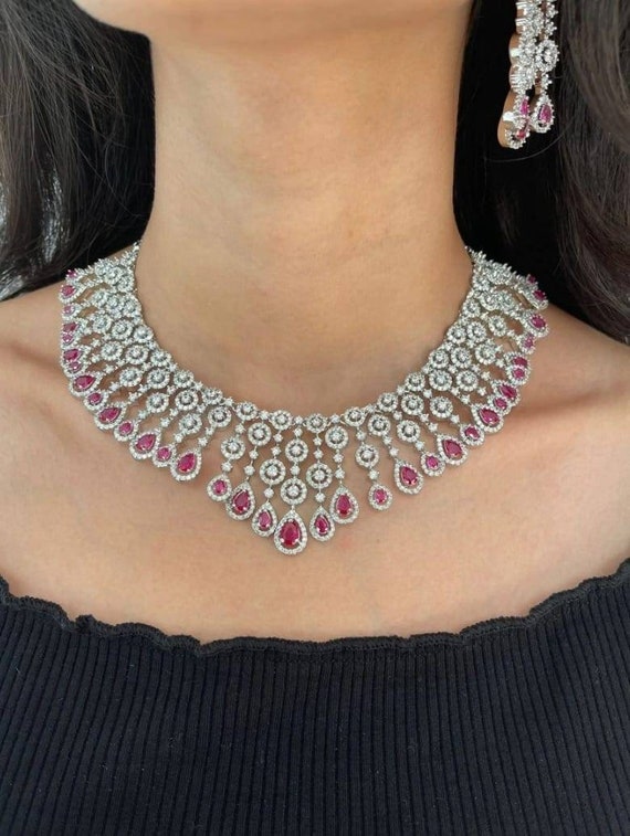 TheOmbreDesigns White Gold Plated Ruby Pink Cubic Zirconium Choker Necklace Set/High Quality American Diamond Set/Celebrity Inspired Jewelry Set/Pink Set