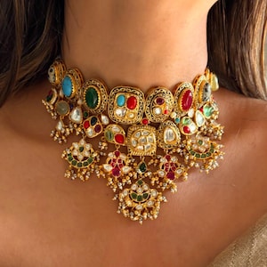 Premium Amrapali Jewelry Inspired Victorian Gold Plated Uncut Moissanite Polki Navratan Multicolour Wedding Necklace Set Punjabi Pakistani