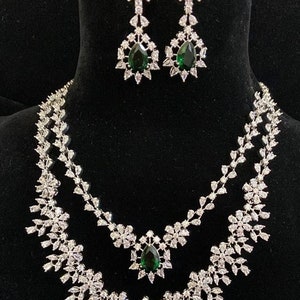 Two Layerd Emerald Green Diamond CZ Necklace Statement Jewelry Statement Necklace American Diamond Necklace Indian Jewelry Necklace Set OOAK