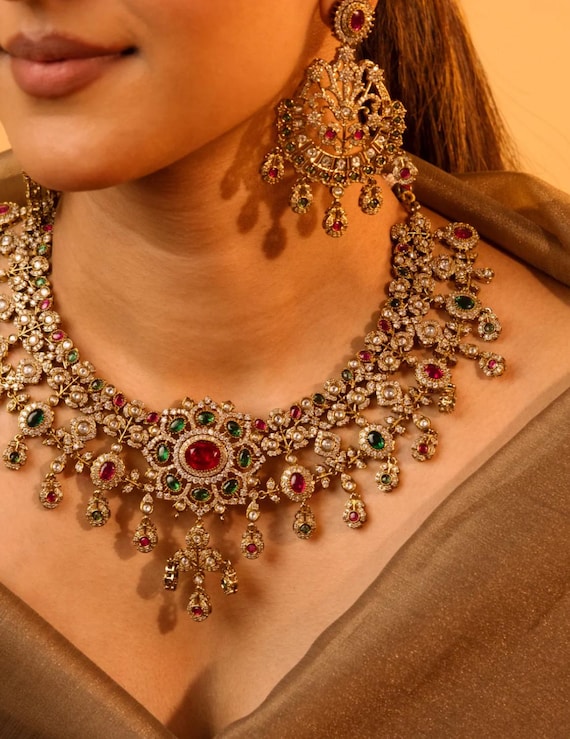 Sabyasachi Inspired green pink Indian Bridal Necklace Set Kundan Polki Jewelry Gold-Plated Wedding Set Statement south indian look Punjabi