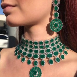 Sabyasachi Inspired Heavy Emerald Green Geo Halo Diamondesque Bridal Choker Necklace Set/Deepika Padukone Set/Wedding Jewelry/Pakistani Set/