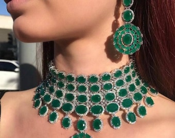 Sabyasachi Inspired Heavy Emerald Green Geo Halo Diamondesque Bridal Choker Necklace Set/Deepika Padukone Set/Wedding Jewelry/Pakistani Set/