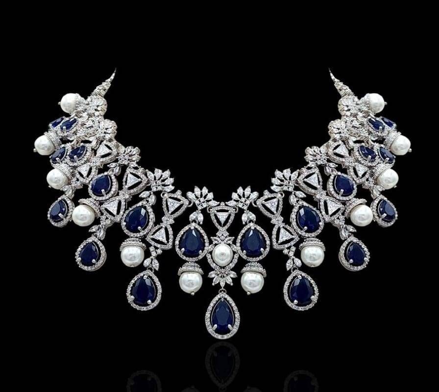 White Gold Plated Royal Blue Sapphire Pearl American Diamond