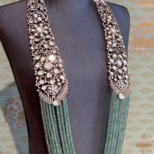 Premium Sabyasachi Inspired Long Victorian Mint Sapphire Blue Zirconium Diamond Necklace With Dainty Chaandbali Earrings Long Indian Set