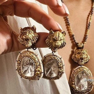 Sabyasachi Inspired Premium Designer Matte Gold Silver Foiled Moissanite Polki Kundan Lion Jaguar Pendant  With Statement Earrings OOAK Set