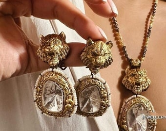 Moissanite Kundan Lion Pendant Necklace & Earrings Set