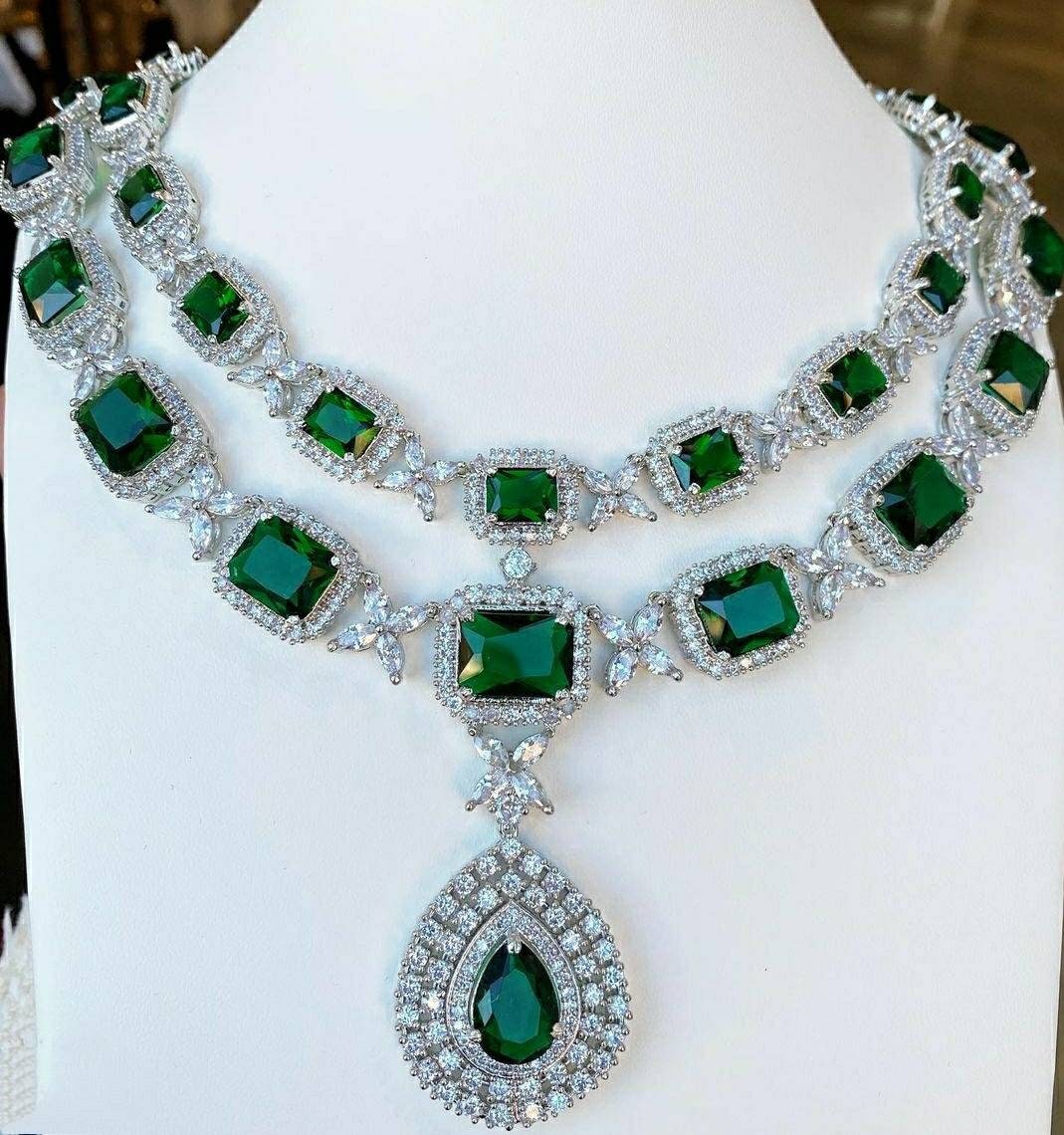 White Tone Emerald Cz Long Necklace Set/lab Emerald Diamond - Etsy