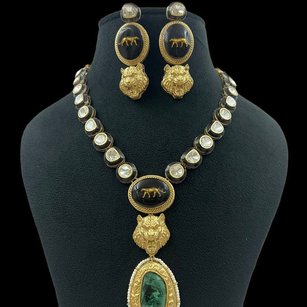 Sabyasachi Inspired Lion Jaguar Emerald Green Doublet Kundan Pendant With Earrings Indian Pakistani Bollywood Punjabi Jewelry Unique OOAK