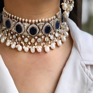 Carved Sapphire Blue Kundan CZ Victorian Choker/Designer Sabyasachi Jewelry Set/Uncut Polki Faux Diamond Choker Set/Kundan Choker set/Punjab