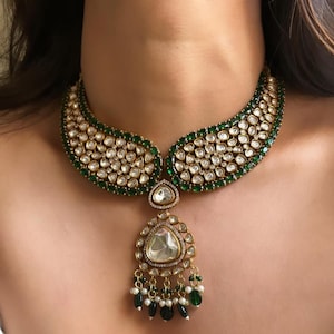 Royal Sabyasachi Wedding Necklace/ Green Gold Plated Kundan set/Polki Kundan Choker Fine Victorian kundan wedding set/Bridal kundan set/