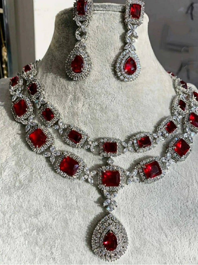 White Tone Ruby Red Maroon Cubic Zirconia Long Diamond Etsy