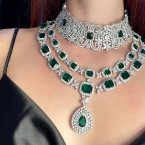White Gold plated Queen inspired Emerald Green Lab Diamond Choker Necklace Set With Jhumka/Sabyasachi Inspired Jewelry Set/Crystal Necklace/