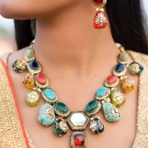Sabyasachi Inspired Victorian Multicolor Navrattan Coral Turquoise Choker Necklace/Pakistani Choker/Punjab Jewelry/Bollywood Jewelry/OOAKSet