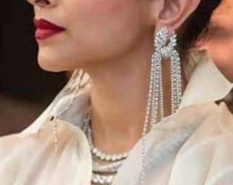 Deepika Padukone Inspired Long Diamond Earrings/Silver Finish Diamond Chaandbalis/Diamond Earrings/Indian Earrings/Pakistani Chaandbalis/