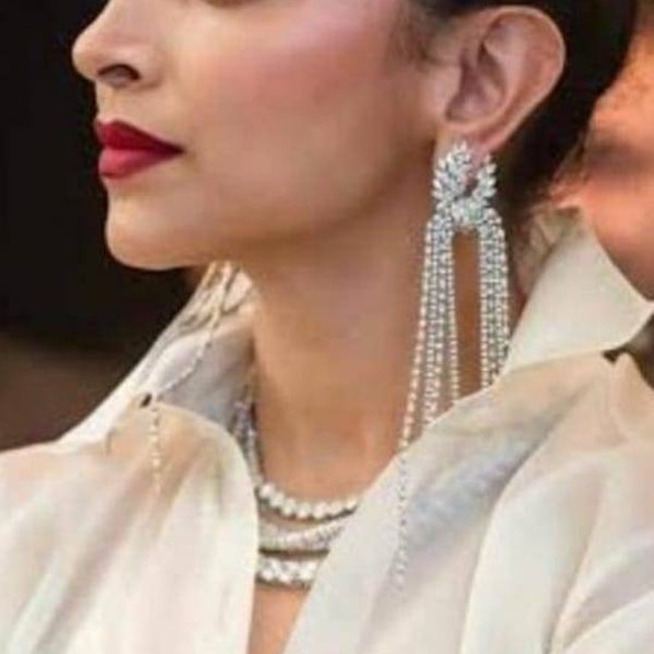 Deepika Padukone Inspired Long Diamond Earrings/Silver Finish Diamond Chaandbalis/Diamond Earrings/Indian Earrings/Pakistani Chaandbalis/