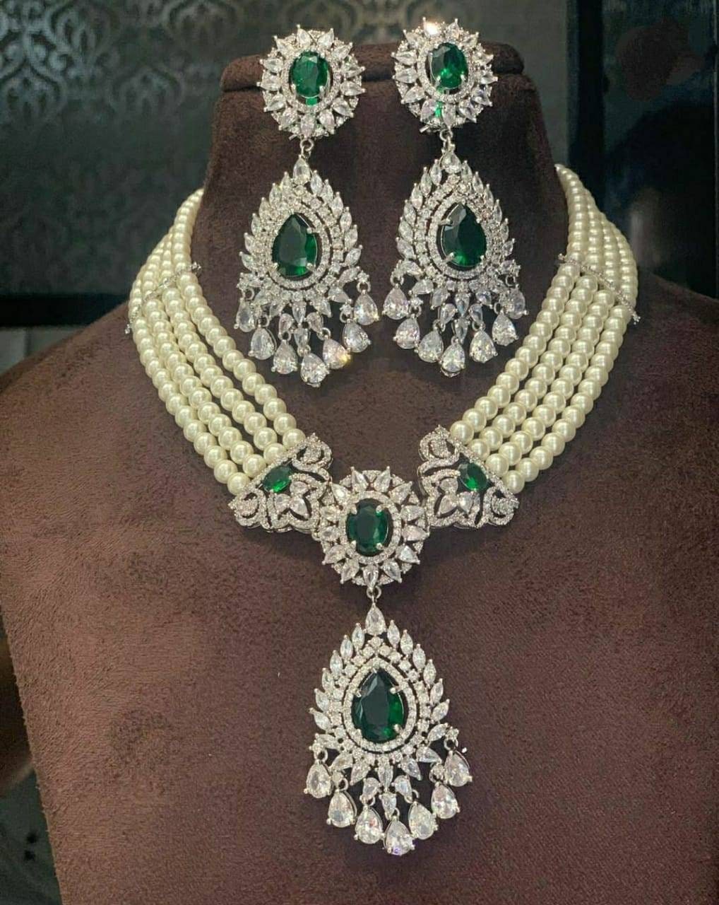 Emerald Pearl Diamond Necklace Set/cz Choker Necklace/indian - Etsy