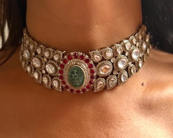 Fint rubingrönt Polki Kundan-halsband, Sabyasachi-inspirerade smycken, Moissanit Polki Kundan-brudhalsband, viktorianska indiska smycken, punjabi