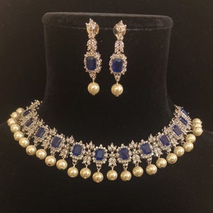 Sapphire Blue Pearl Zirconia Diamond Cz Necklace With Earrings Statement Jewelry American Diamond Necklace Indian Pakistani Jewelry set